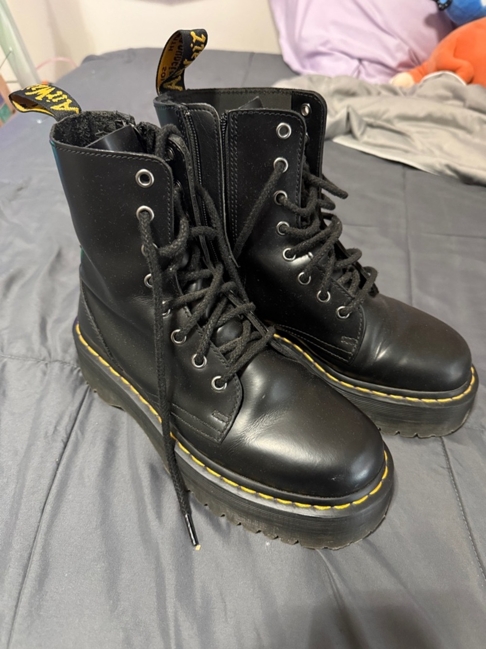 Dr. Martens Black Leather Platform Lace-Up Boots with Yellow Stitching
